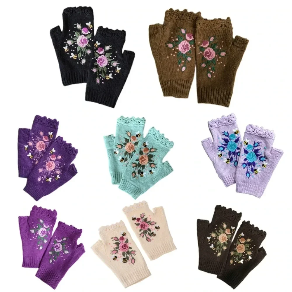 Floral Bee Embroidery Knitted Fingerless Gloves Comfortable Keep Warm Thumb Holes Flower Mittens Wrist Length Mittens Winter