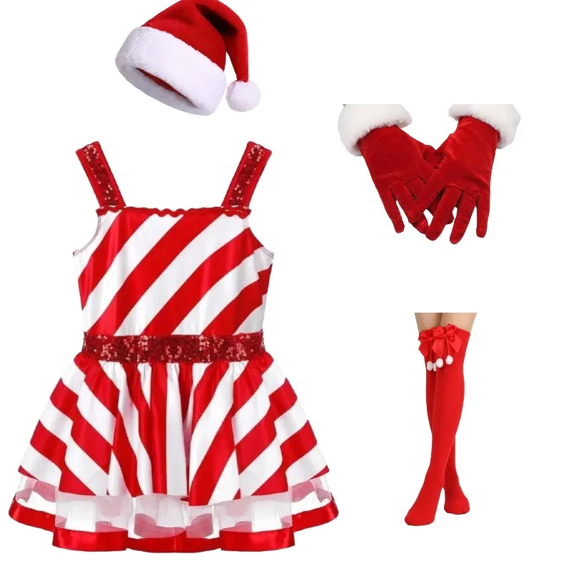 

Xmas Girls Dress Red Striped Dresses Cute Christmas Children Princess Clothes with Accessories Full Set Holiday Party Kids