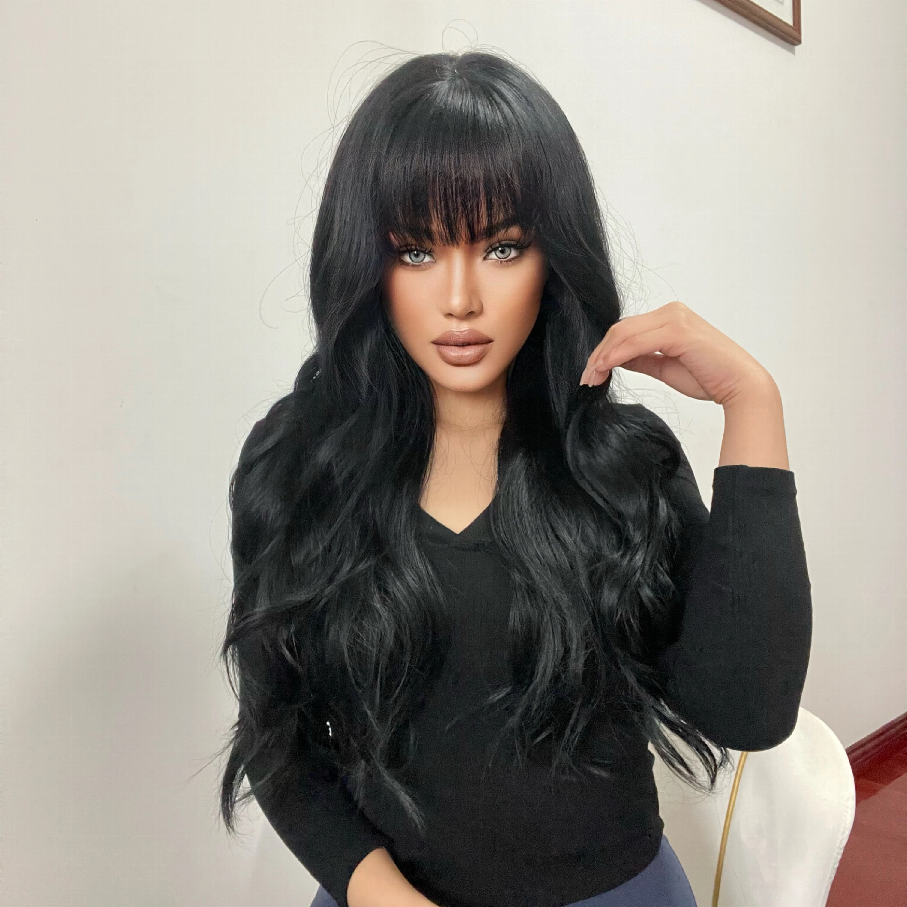 Long Body Wave Synthetic Wigs with Bangs Black Natural Loose Curly Wavy Wig for White Women Heat Resistant Daily Cosplay Party