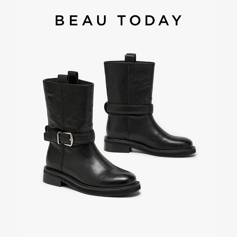 BEAUTODAY Western Boots Women Genuine Sheepskin Leather Belt Buckle Solid Color Slip-on Mid-Calf Ladies Boots Handmade 06057