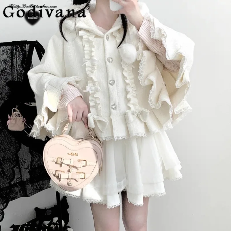 

Lolita Sweet Cute Autumn Winter Capes Women's Furry Short Lolita Cape Coat Female Japanese Style Fleece Shawl Warm Coat