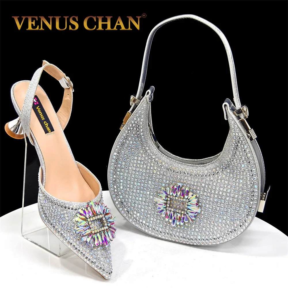 Fashion Silver Shoe and Bag Set for Party in Women Women Shoes and Bags To Match Set Italy Lady Rhinestone Elegant Heeled Pumps