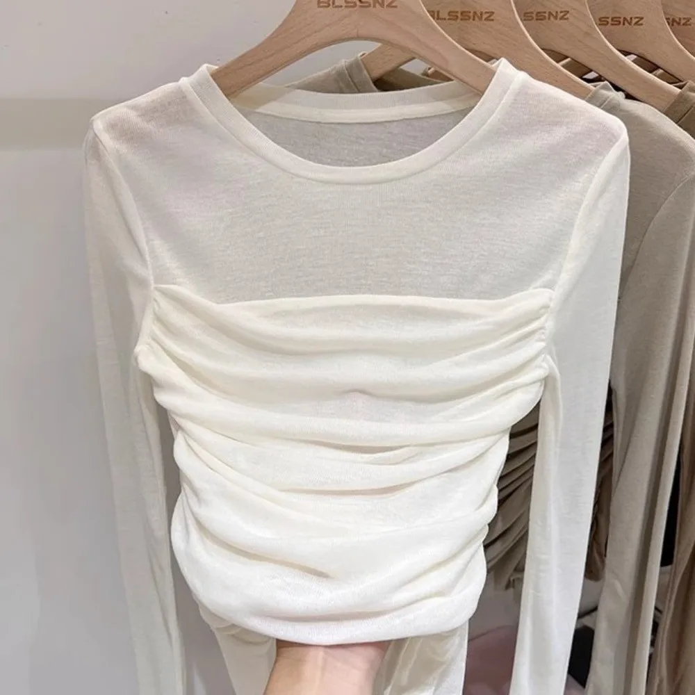 

Тонкая футболка с длинным рукавом и длинным рукавом, уличная одежда, женские тонкие топы в форме морщин, прозрачная сетка, укороченный топ в корейском стиле для горячих девушек