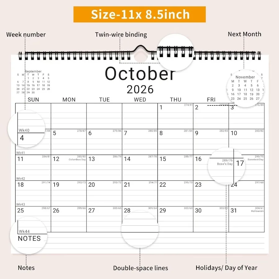 2026 calendário de parede 12 meses 11 "x 8,5 '' ano organizador mensal de janeiro 2026-2027 pequeno mini horizontal em branco espiral encadernado w