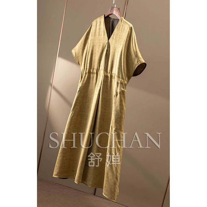 Luxe dubbelzijdige slijtage, zware zijde geurig wolkengaren kleine vlinderjacquard jurk met V-hals dames 2Y24