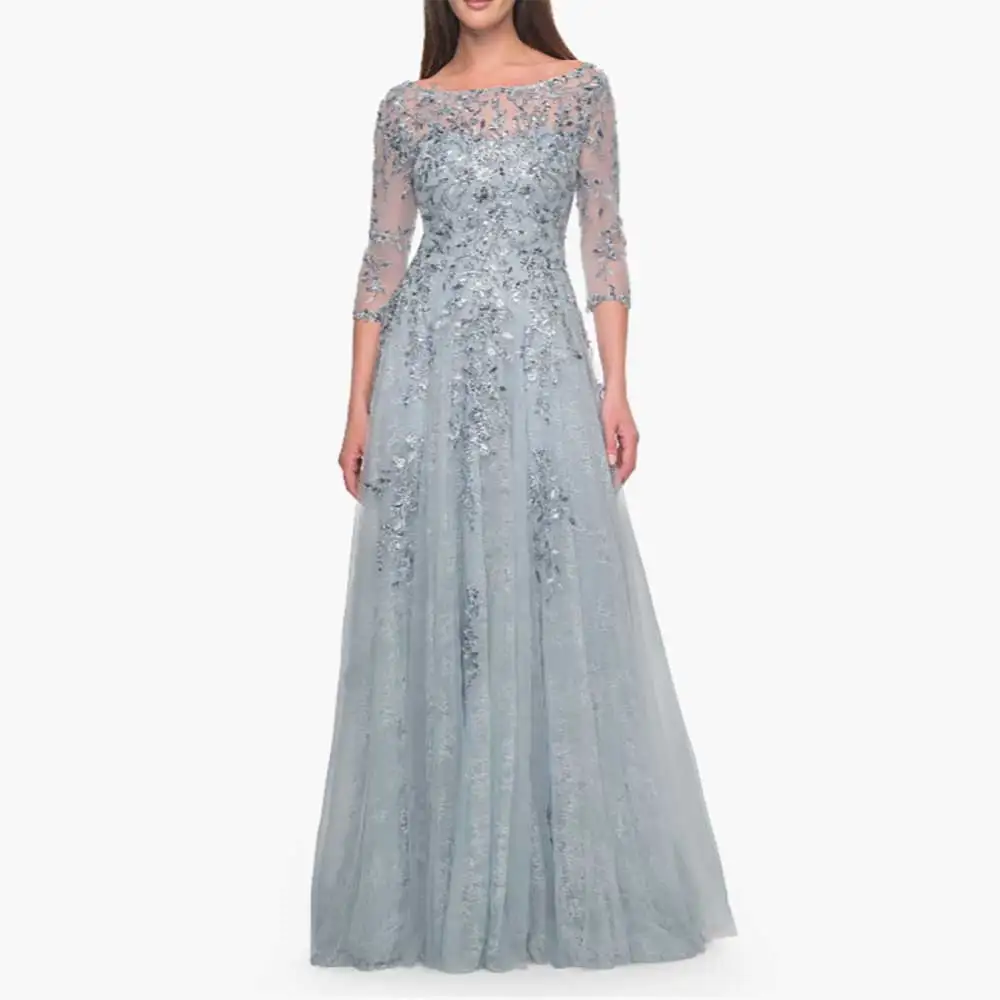 

Women's Elegant Evening Dress Prom Dress Formal Gown Boat Neck 3/4 Sleeves Lace Applique Draped A-line Cocktail Dress Customized