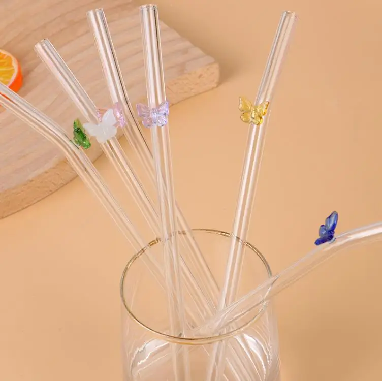 Reusable Borosilicate Butterfly Mushroom Glass Drinking Straws High temperature resistance Clear Colored Bent Cocktail Straw SN