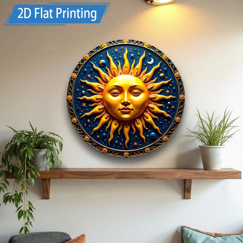 1 قطعة 8x8 بوصة علامة معدنية "Boho Sun Face Metal Wall Art لديكور غرفة المعيشة"