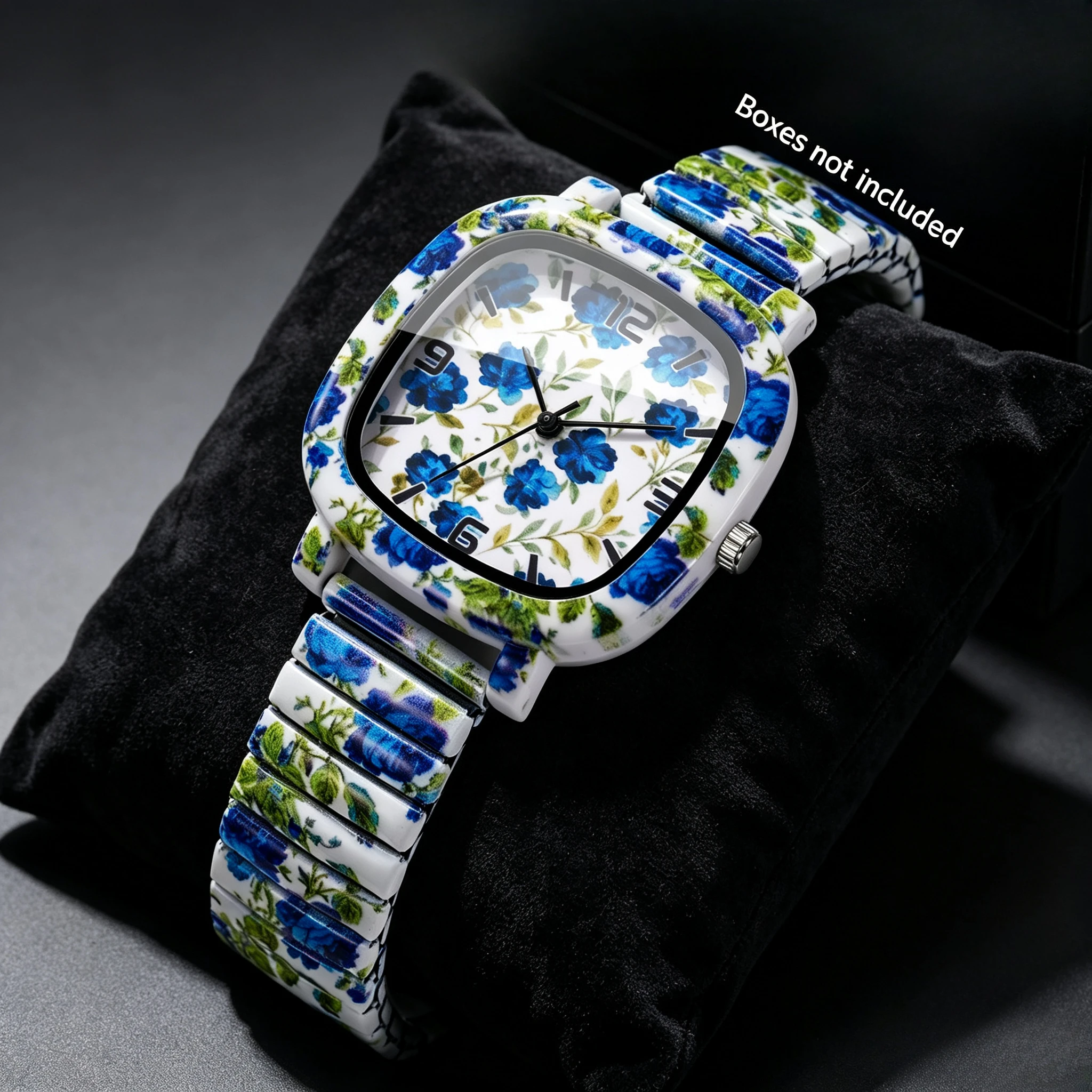 Fashion Blue Floral Printed Women Quartz Watch Elastic Stretch Strap Square Wristwatch Girls Gift Relogio Feminino（Without Box）