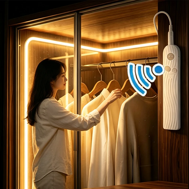 Fita de Luz LED COB 5V com Sensor de Movimento Alimentada por Bateria ou Cabo USB para Iluminação de Armários e Guarda-Roupas