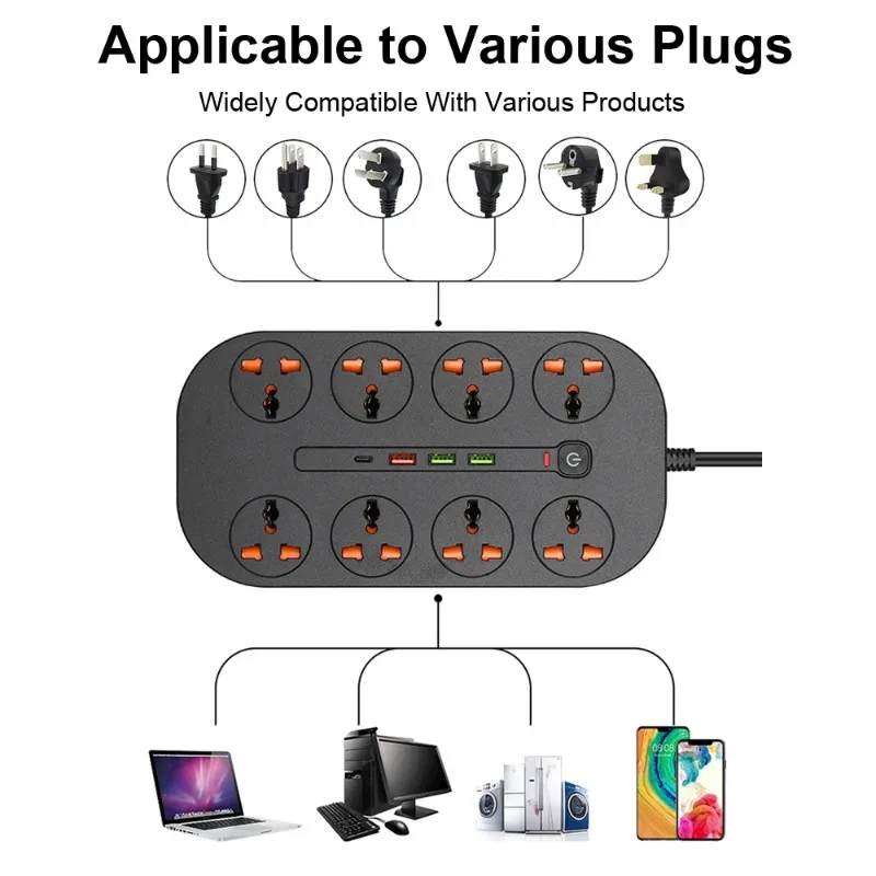 Universal Power Strip Socket With Extension Cable USB Type-C Port For EU US UK Plug AC Outlet Multiprise Network Filter Adapter