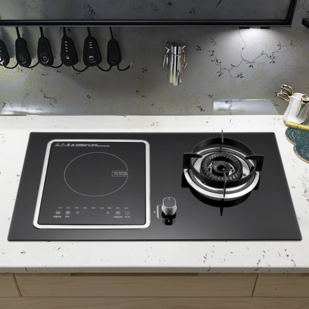 موقد كومبو ذكي بشعلانين - سطح مدمج للغاز والطاولة، تحكم إلكتروني بتصميم صيني للمطبخ المنزلي