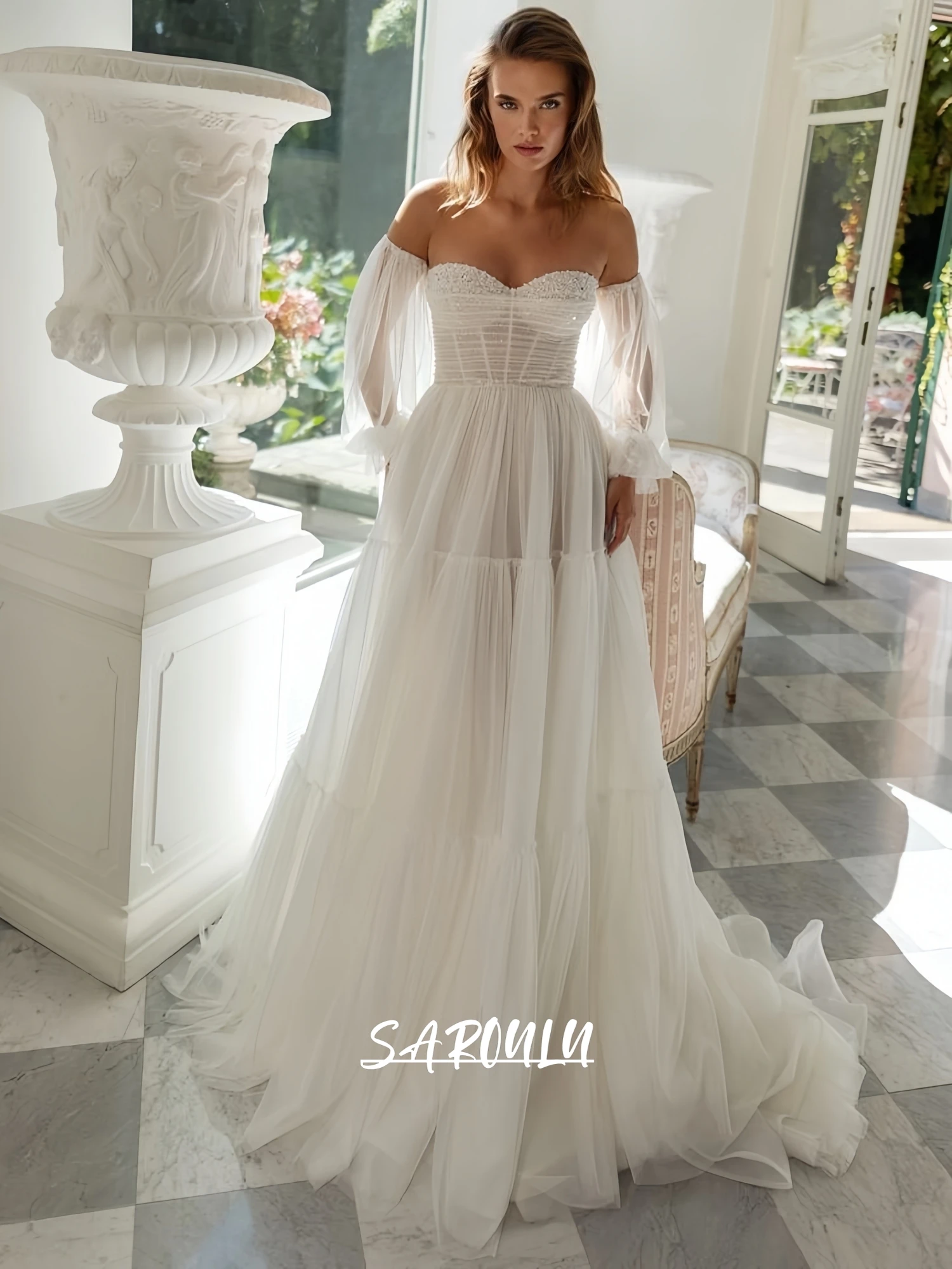 SAROULU Chic Tulle Wedding Dress for Women 2025 Destination Simple Bride Dresses Corset Customized Long Bridal Gown