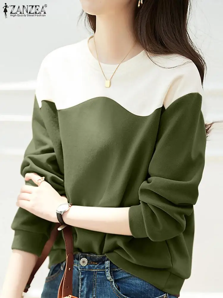 ZANZEA Autumn Patckwork Long Sleeve Sweater Simple Casual Sweatshirt Women Korean Round Neck Blouse Tunic 2024 Fashion Loose Top
