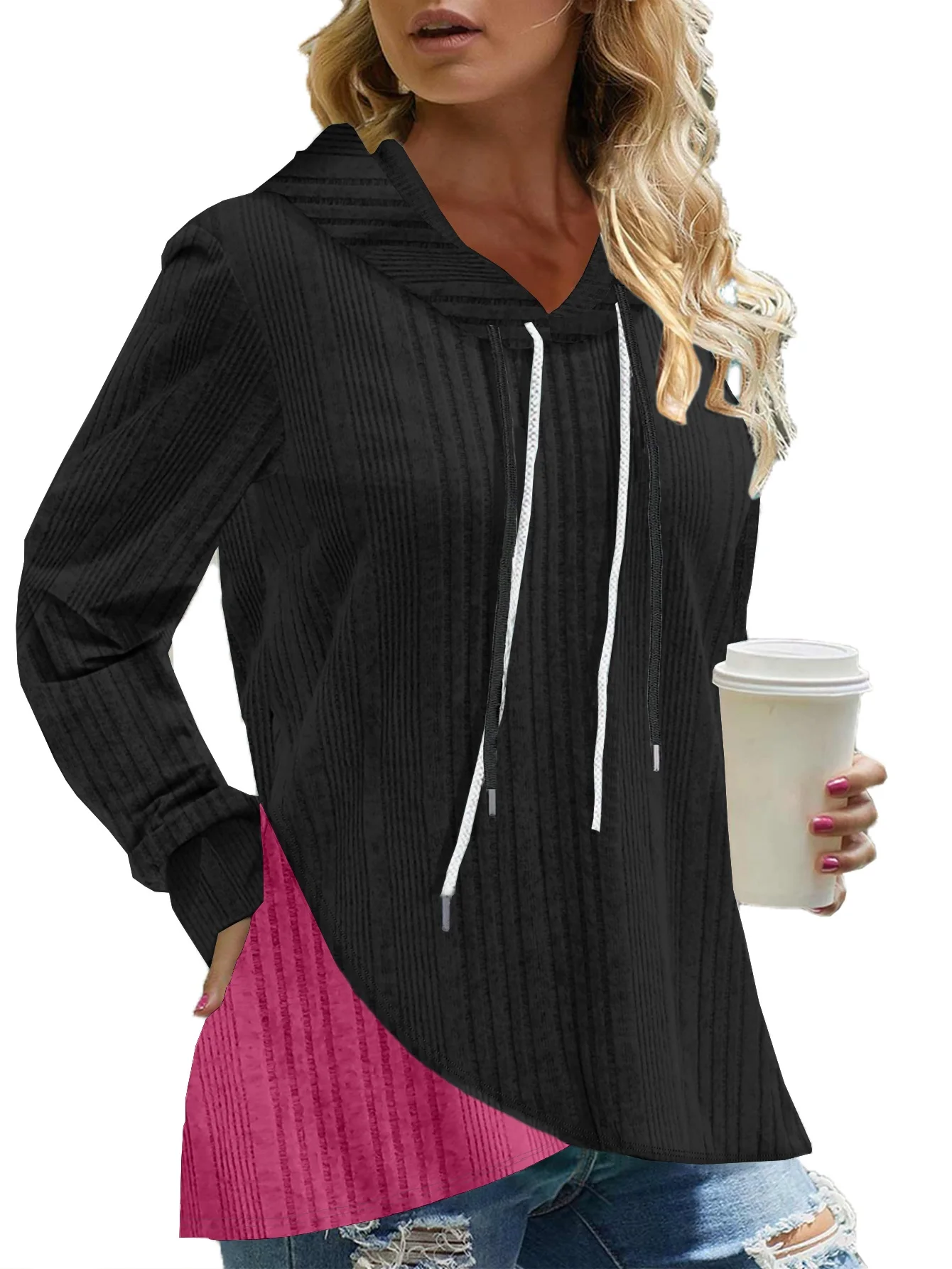 Women's Spring And Autumn Hooded Pullover Plaid Patchwork Long Sleeve Sweatshirt, 2 In 1, Black Knit Matched Blue Plaid Top Nas