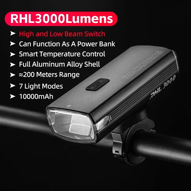 ROCKBROS 3000LM Bike Light 10000mAh Power Bank Type-C Charging Front Lamp Bicycle Headlight MTB Road Cycling Flash Highlight image 3
