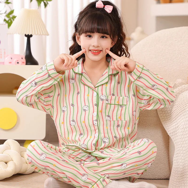 

2Pcs Hello Kitty Children Pajama Set Girls Anime Cartoon Princess Casual Loose Long Sleeves Pijama Parent-Child Kawaii Homewear