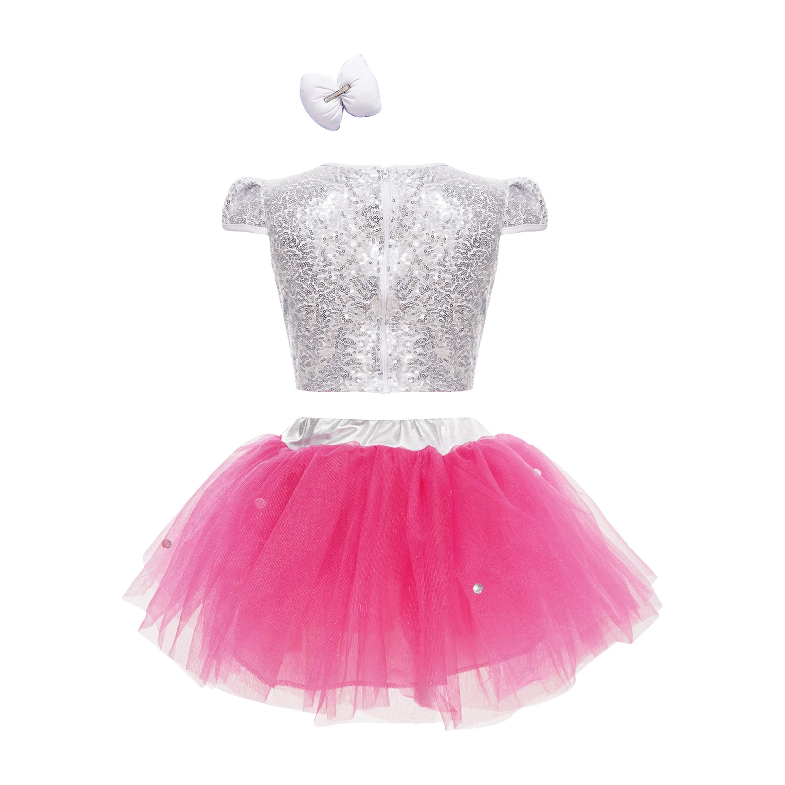 2023 3PCS Kids Girls Dance Outfits Sparkly Sequins Cap Sleeve Crop Top Tutu Skirt Bowknot Hair Clip Stage Performance Costume