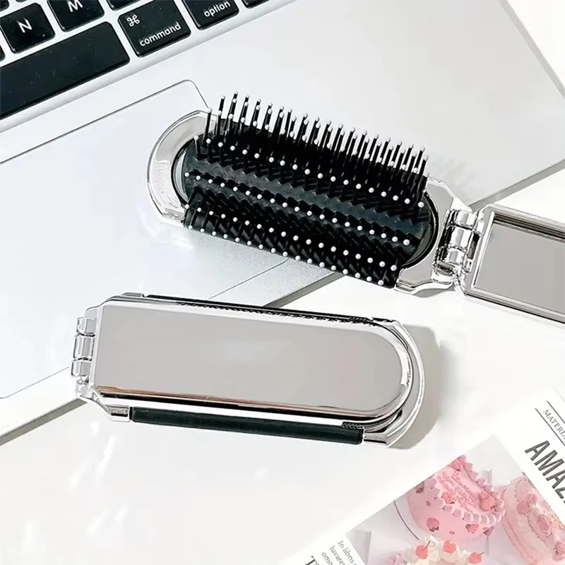 2-In-1 Portable Folding Comb & Mirror - Diamond Air Cushion, Rhinestone Bling, Compact Travel Hair Brush & Makeup Tool