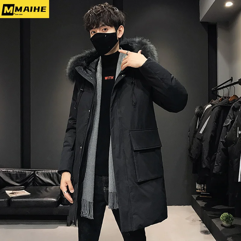 

Big Fur Collar Hooded Down Jacket For Men And Women Winter Long White Duck Down Warm Coat Men's Luxury Pocket Tooling Parka 2024