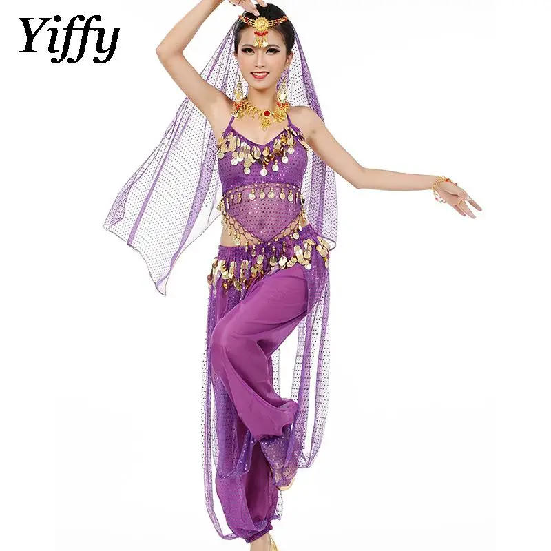 Belly Dance Costumes For Women Coins Lace-up Back Top+ Harem Pants+ Head Scarf Outfit Set Halloween Costume Cosplay for Adults