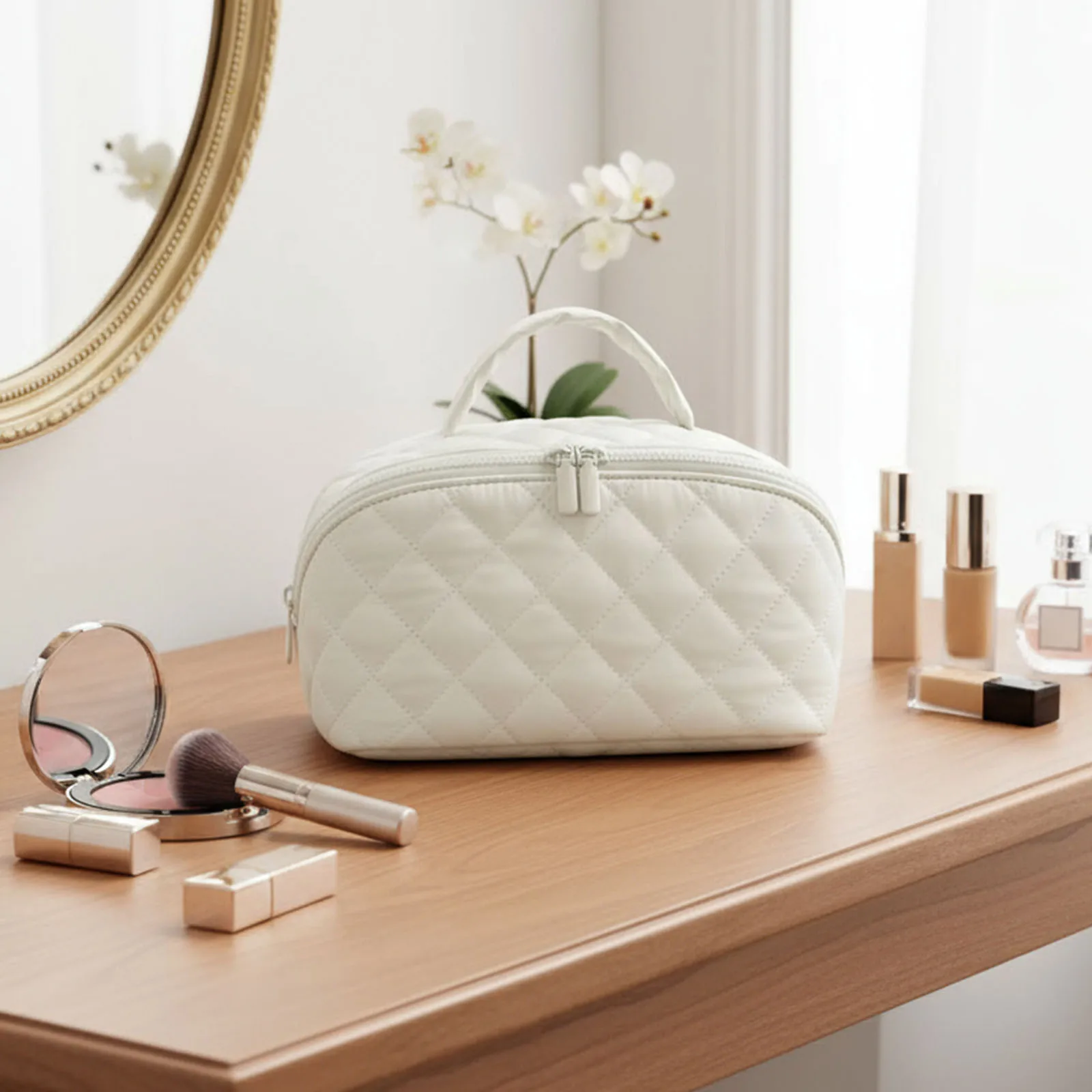 Travel Makeup Bag Open Flat Puffer Makeup Pouch with Brush Compartment & Handle Small Cosmetic Bag Travel Toiletry Bag for Women
