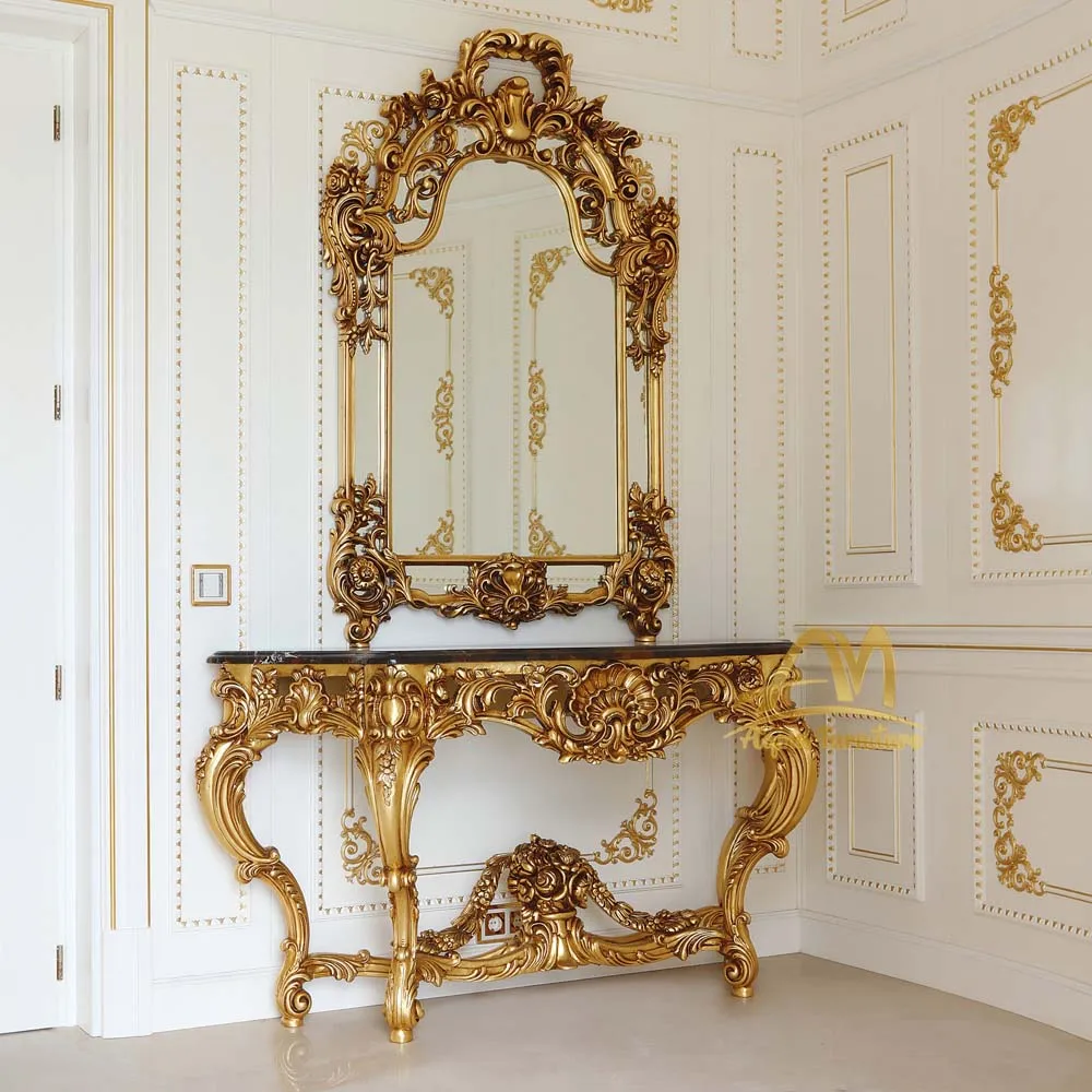 

French living room furniture console table, gold solid wood luxury carving handmade high quality royal