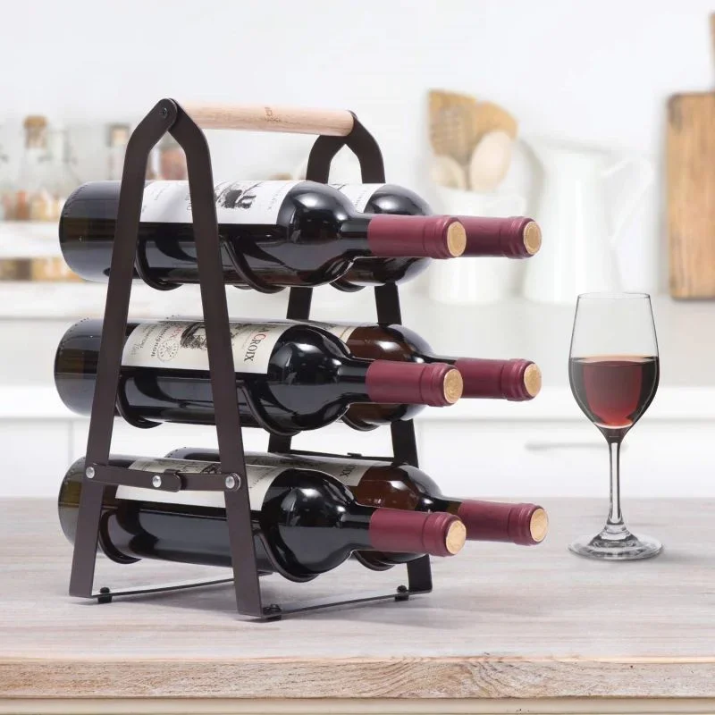 Folding Countertop Wine Rack Foldable 3-Tier Classic Rustic Design 6 Bottle Display Tabletop Kitchen Holder Wood Metal