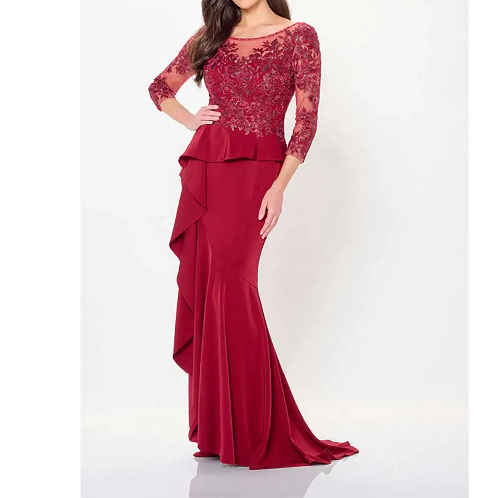 

Sexy Backless O Round Neck Half Sleeve Applique Floor Length Prom Party Dress with Floral Ruffle Hem Evening Dress For Women