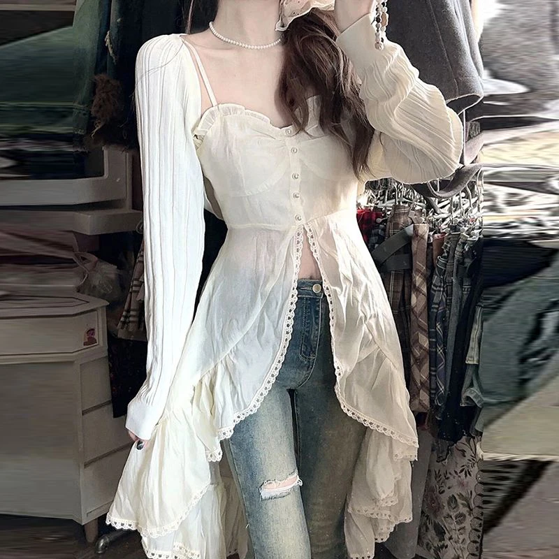 

White ruffle edge shirt top women's summer new pure desire style sexy small man waist splicing suspender skirt women