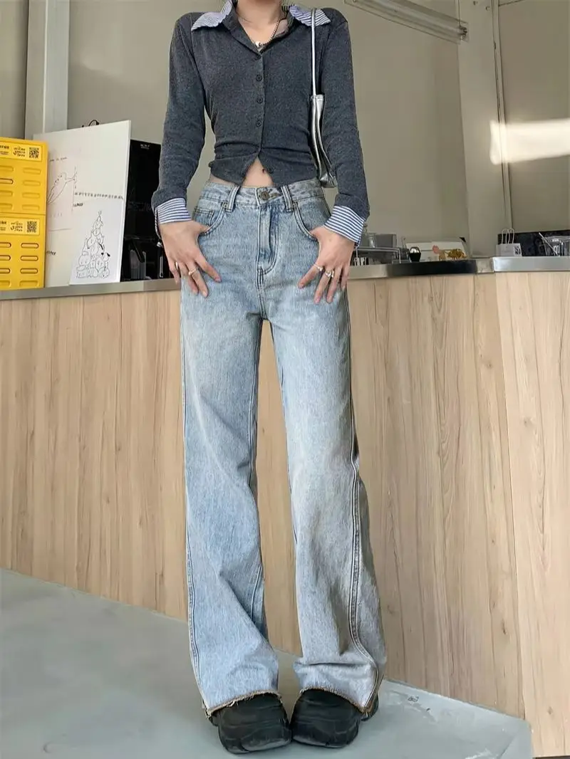 Women's Summer Light Washed White Denim Flare Floor Length Pants American Vintage High Waist Raw Hem Drape Long Leg Hot Girl Denim Pants