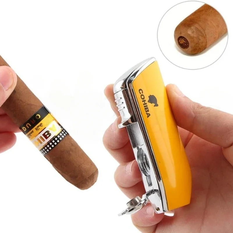 Cohiba Lighter Metal 3 Jet Blue Flame Turbine Torch Windproof Lighter Portable Igniter with Cigar Stamping Tool Men Gifts