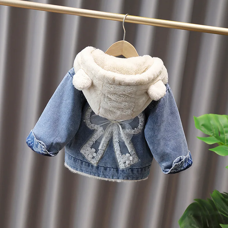 Baby Mädchen Jeans-Fleece-Kapuzenjacke 2026 Herbst Winter Kinder Niedliche Hasen-Applikation Dicker Warmer Mantel Kinderbekleidung Oberbekleidung – Detail 8