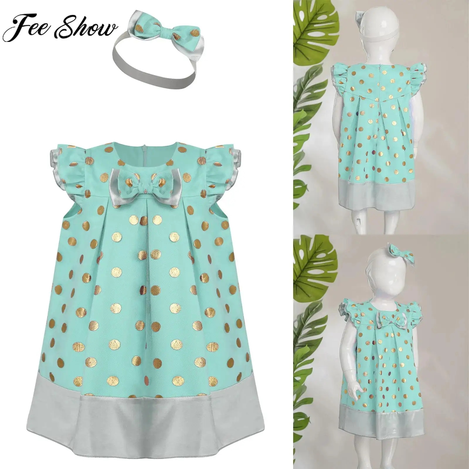 

Baby Girls Elegant Sweet Cute Party Dress Fly Sleeve Bow Metallic Polka Dots Mesh Gown with Headband Baptism Birthday Costume