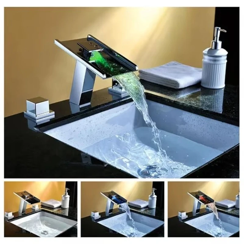 Waterfall Bathroom Sink Faucet 3-Hole Double Handle High Container Faucet Fancy Brass Basin Faucet Square