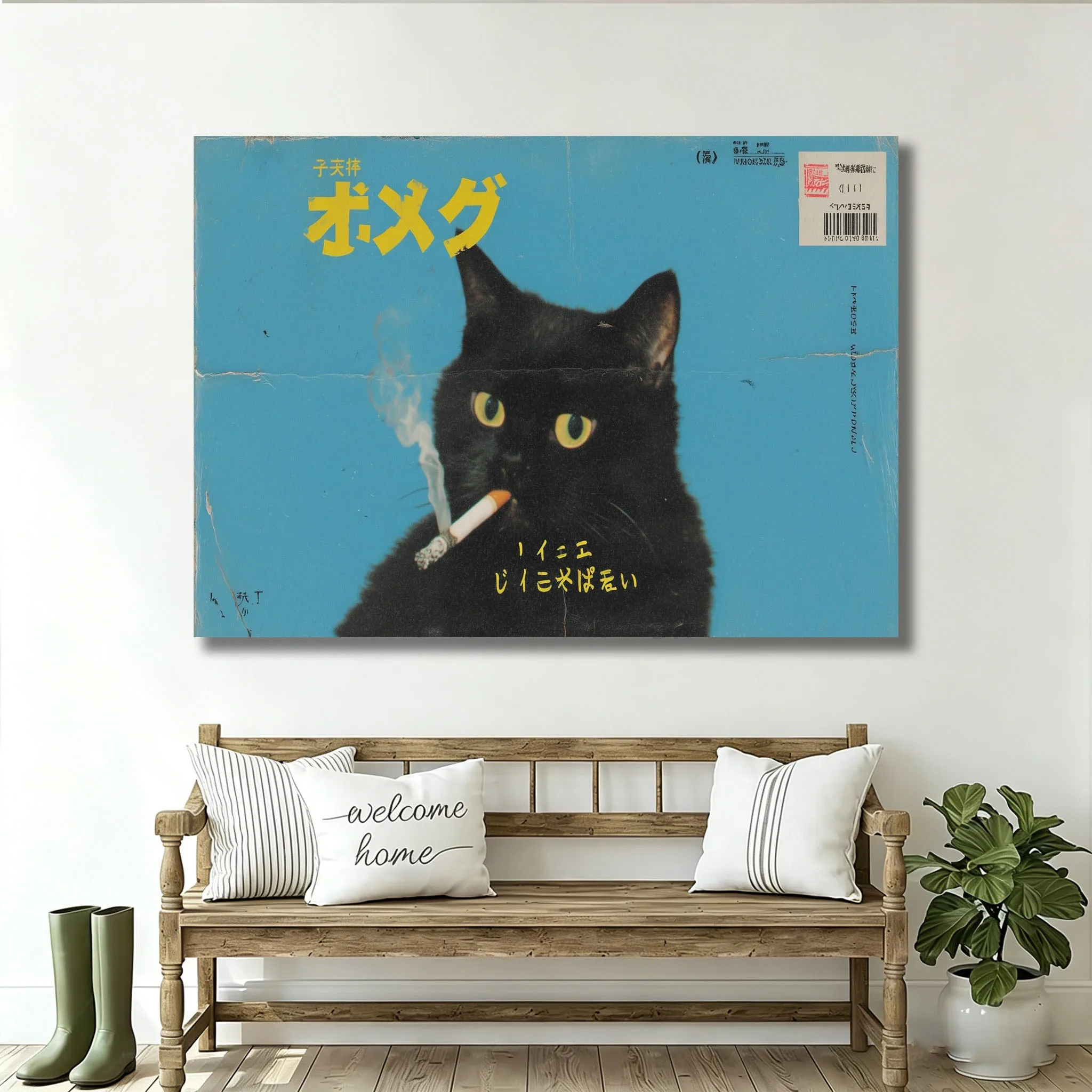 Japanese Black Cat Tapestry Bohemian Vintage Distressed Finish Tapestry Gift Wall Hanging for Bedroom House Dorm Room Decor