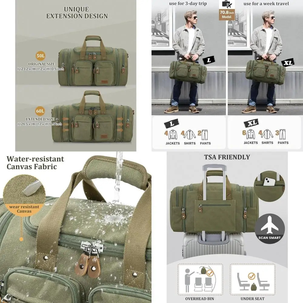 Expandable 60L Carry-On Weekender Bag for Overnight Travel with Wet/Dry Pocket and Suitcase Handle Sleeve, Army Green