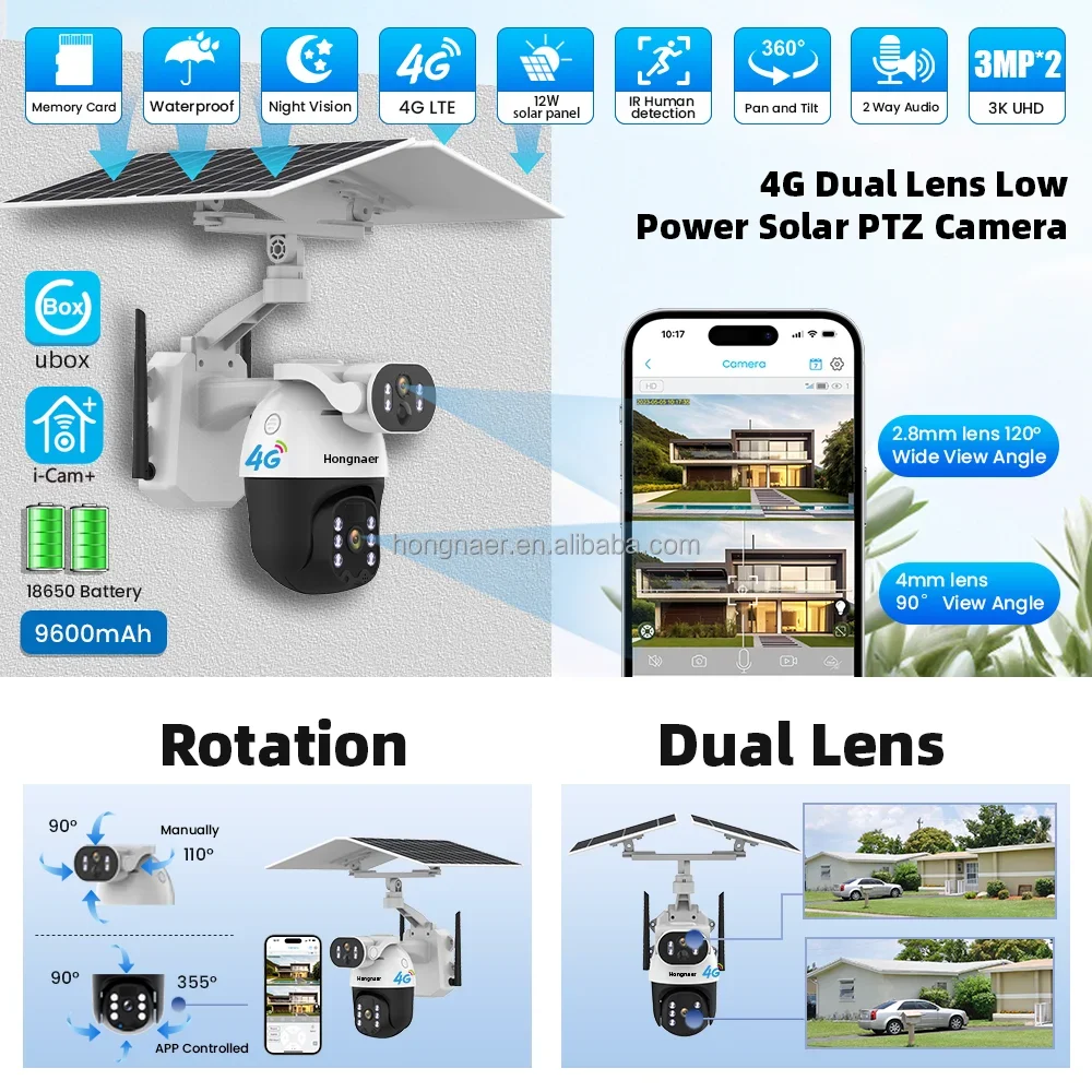 2026 Hongnaer 6MP Solar Powered Wireless 4G IP PTZ CCTV Camera Dual Lens ICam+ Outdoor Security Surveillance 4G Sim Card Solar C