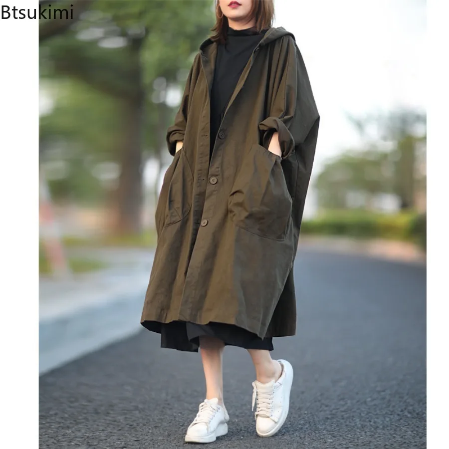 

2024 Women's Mid-Length Hooded Trench Coat Fashion Simple Big Pocket Casual Jacket Elegant Daily All-Match Windbreak Coats Femme