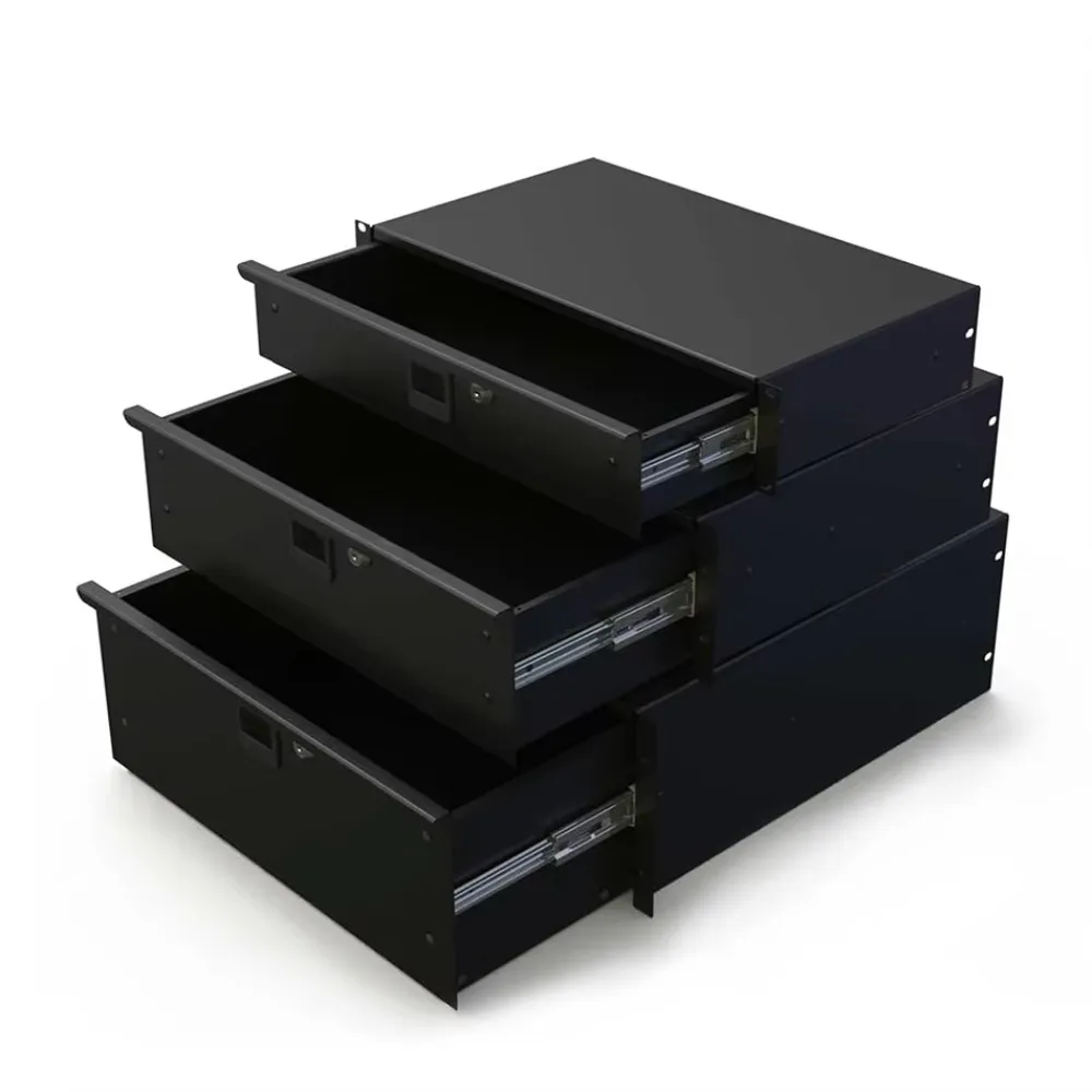 Rack Mount Drawer for 19-Inch Server Cabinet Network Rack Sliding Drawer Case or DJ with Lock and Key Custom 1U 2U 3U 4U Black