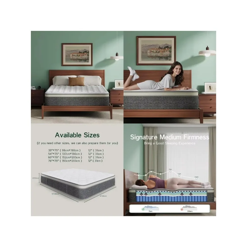 Luxury Queen Mattress 14 Inch Medium Firm Memory Foam Zoned Support with Motion Isolation for Optimal Comfort and Sleep Quality