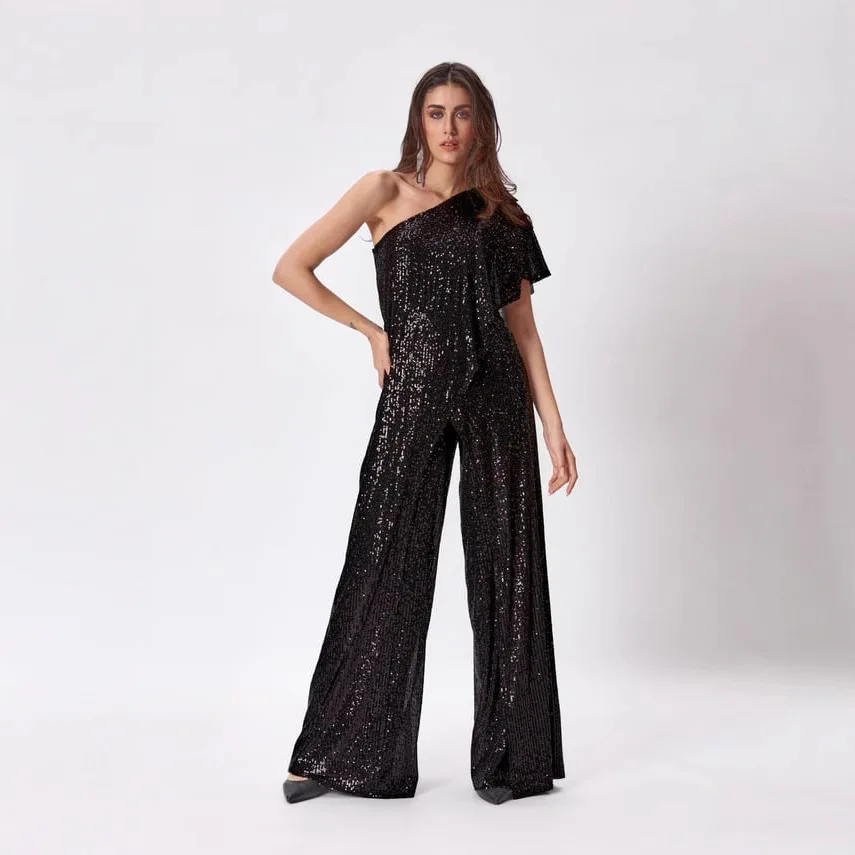 

Women's High-end Sleeveless Slim Fit Single Shoulder Sequined Pleated Jumpsuit for Summer 2025