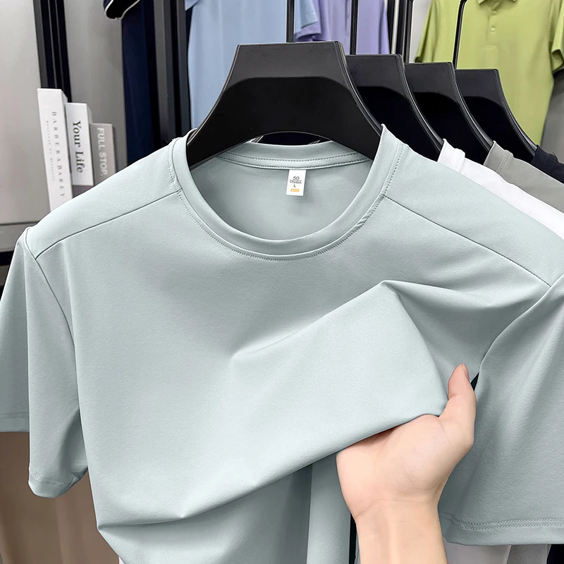 Fashion color blocked men's short sleeve T-shirt summer high-end ice silk cool breathable youthful casual sports round neck top