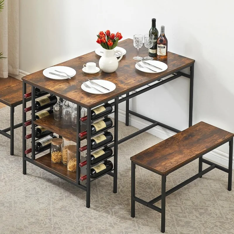 Dining Table Set for 4, Kitchen Table Set for 4 with 2 Benches, Rectangular Dining Room Table Set with Wine Rack, 3 Piece Dinin