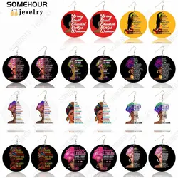 SOMEHOUR I Am Beautiful Black Woman Wooden Drop Earrings Strong Blessed Magic Sayings Printed Vintage Big Loops Dangle Jewelry