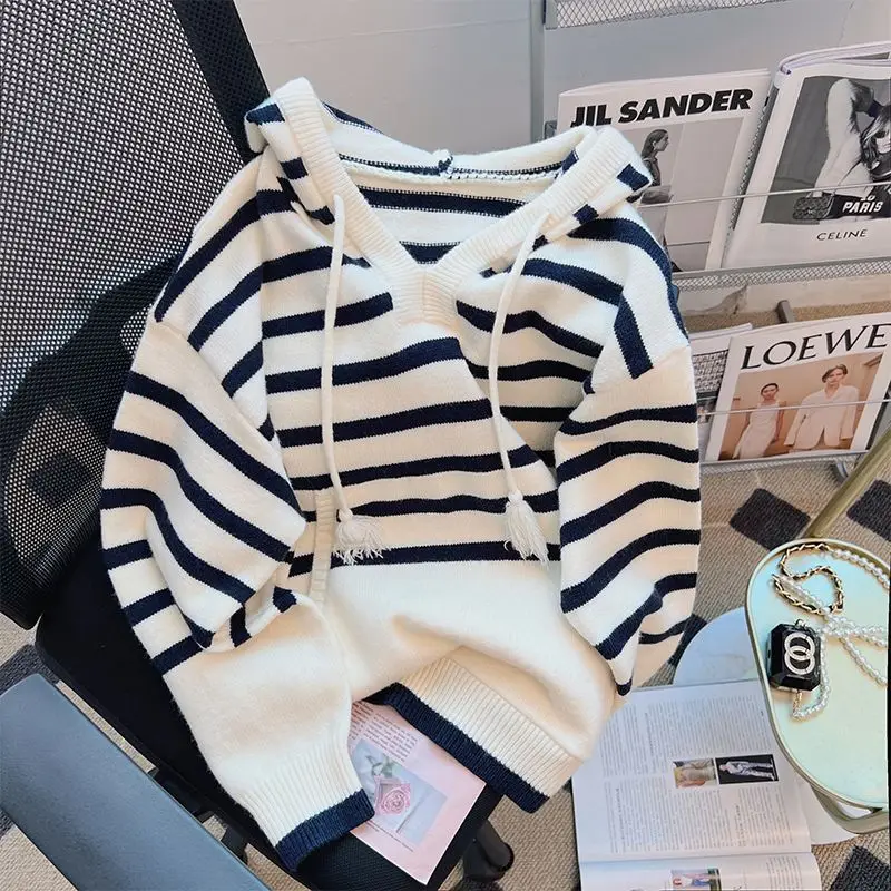 Women Sweater Winter Zebra Striped Loose Hoodie Designer Korean Fashion Knitting Pullover Autumn Sweater Top Women Clothes