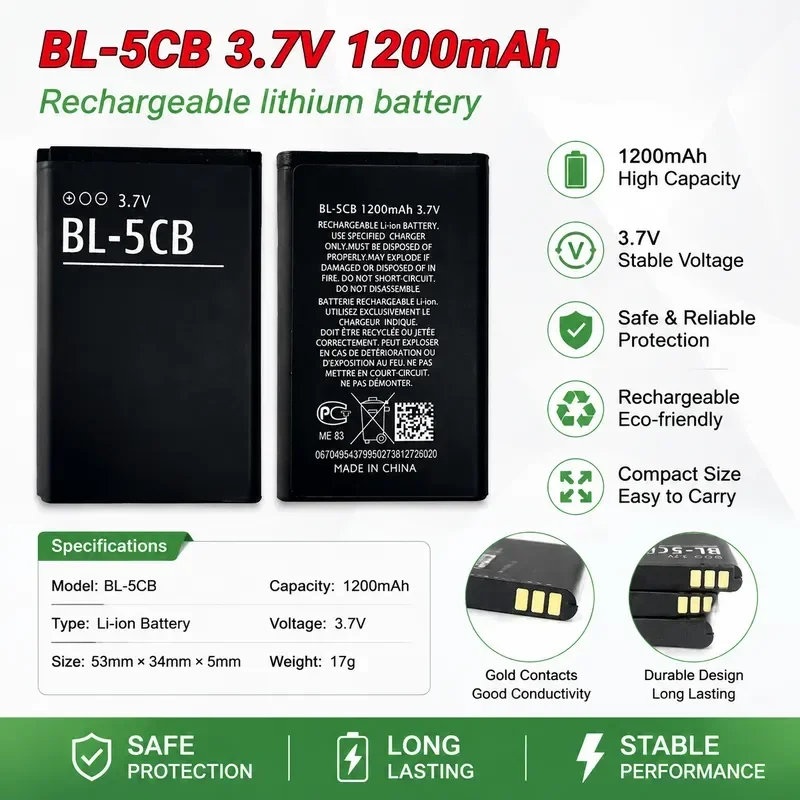 [New] 1200mAh BL-5CB Rechargeable Lithium Battery for Nokia N72 100 105 109 111 113 6086 Phone Replacement Cell