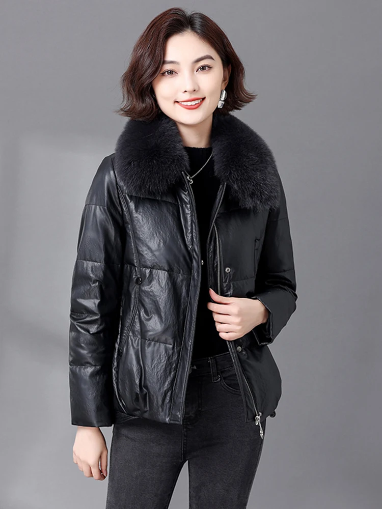   Manteau en cuir véritable Ning pour femme, modèle ort Sle 2025, hiver, nouveau, coupe ajustée, en cuir de vachette, col en fourrure, manteau en fourrure
