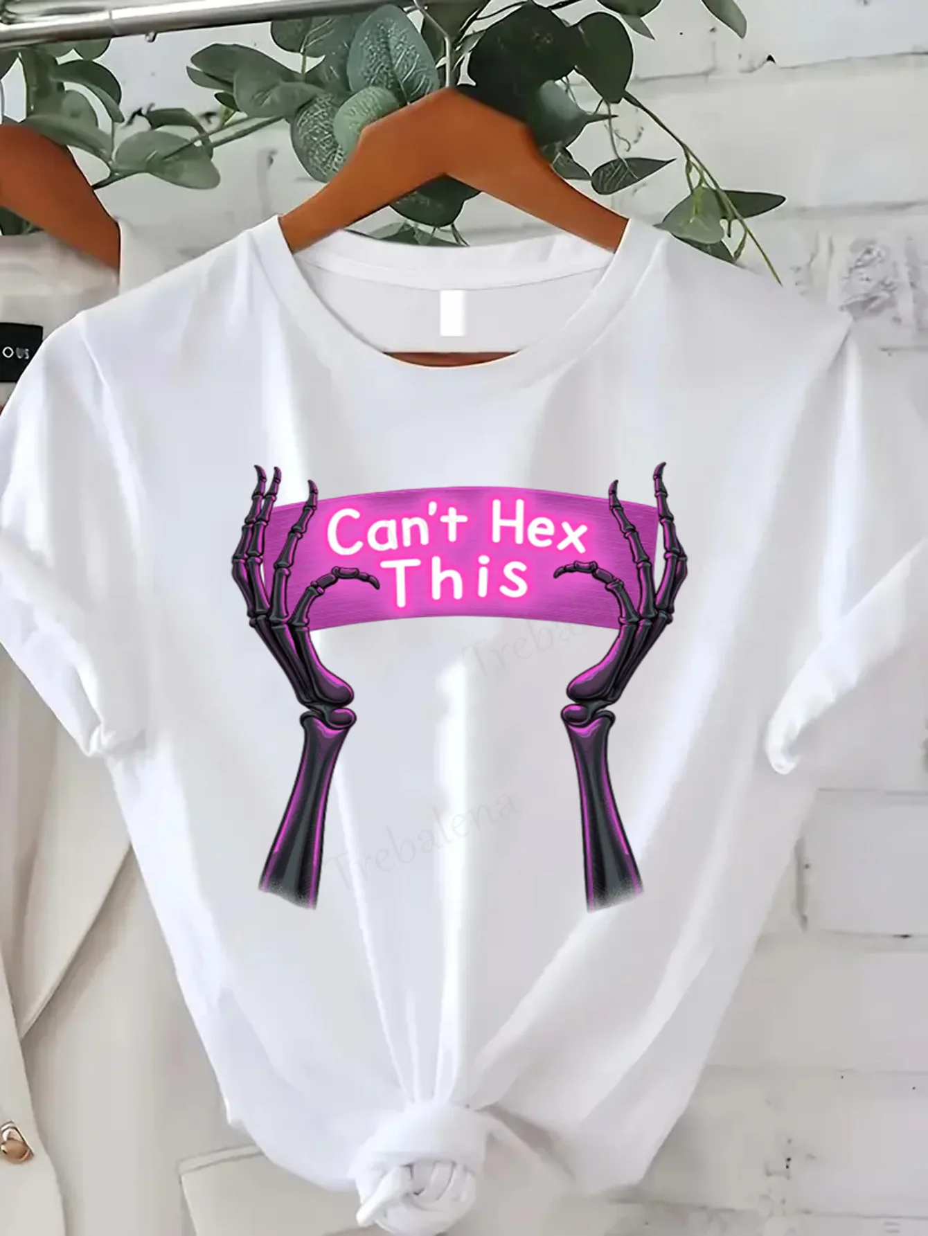 

Round Neck T-shirt Can't Hex This Halloween Skeleton Hands Women's Plus Size T-Shirt Short Sleeve Tee Fashion Casual Top