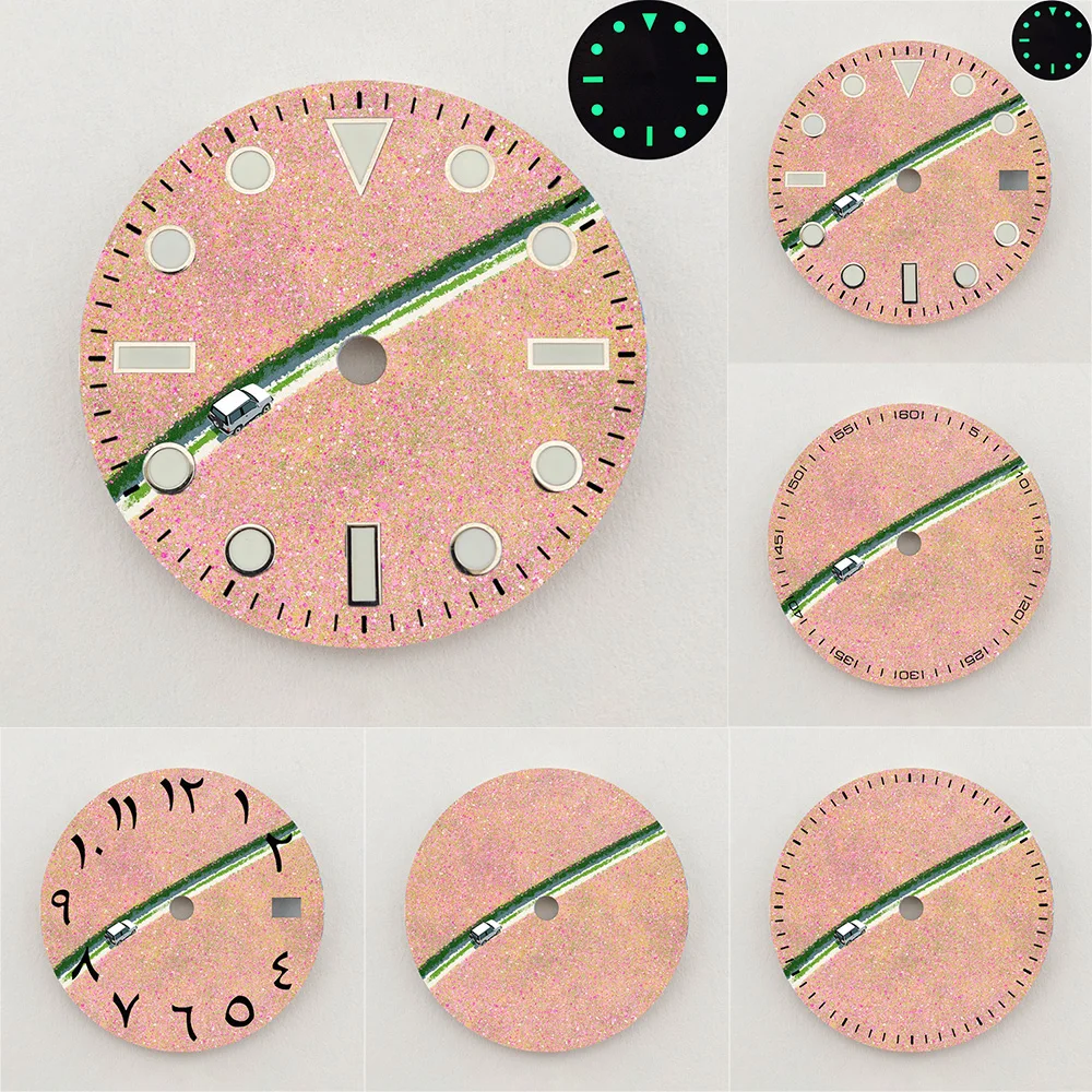 28.5mm NH35 Dial Pink Flower Field Road Car Pattern Dial Luminous Dial Color NH36 Dial Watch Accessories Fits NH35/36 Movements